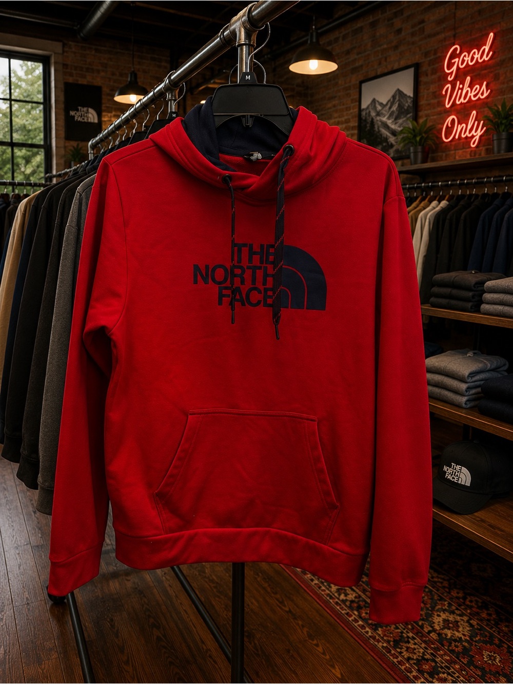 The North Face Red Hoodie with Navy Logo in great use condition